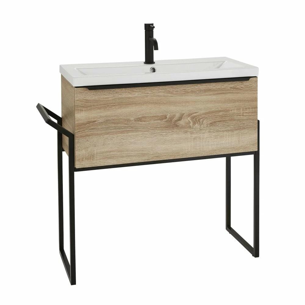 Kartell Kore 800mm Sonoma Oak Wall Mounted Drawer Unit With Modern Black Frame