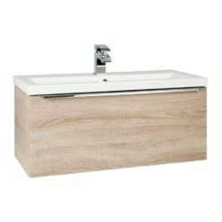 Kartell Kore 800mm Sonoma Oak Wall Mounted Single Drawer Unit & Ceramic Basin