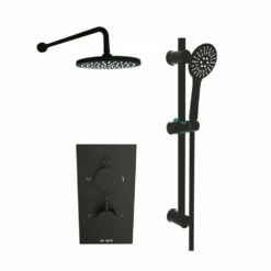 Kartell Nero Round Matt Black Concealed Thermostatic Shower Valve Diverter With Adjustable Slide Rail & Fixed Overhead Drencher