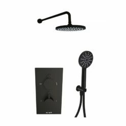 Kartell Nero Round Matt Black Concealed Thermostatic Shower Valve Diverter With Hand Shower & Fixed Overhead Drencher