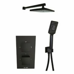 Kartell Nero Square Matt Black Concealed Thermostatic Shower Valve With Hand Shower & Fixed Overhead Drencher
