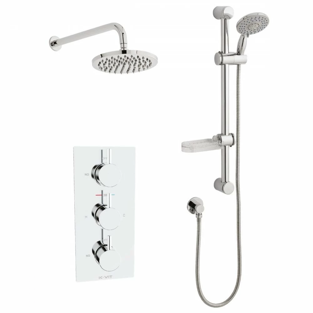 Kartell Plan Chrome Triple Concealed Thermostatic Shower Valve Round Handle With Adjustable Slide Rail & Fixed Overhead Drencher