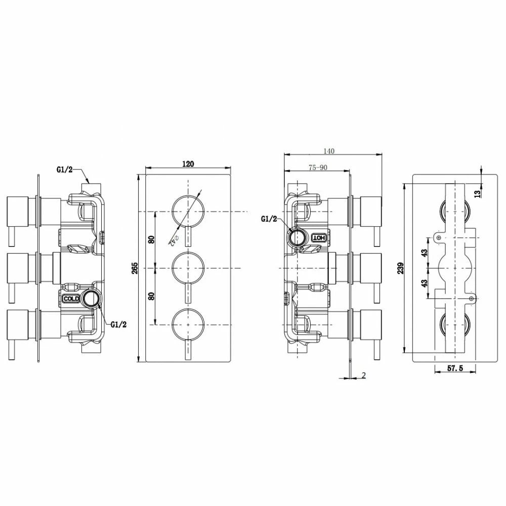 Kartell Plan Chrome Triple Concealed Thermostatic Shower Valve Round Handle With Adjustable Slide Rail & Fixed Overhead Drencher - Image 2