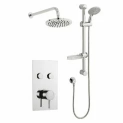 Kartell Plan Chrome Twin Round Push Button Concealed Thermostatic Shower Valve With Adjustable Slide Rail & Fixed Overhead Drencher