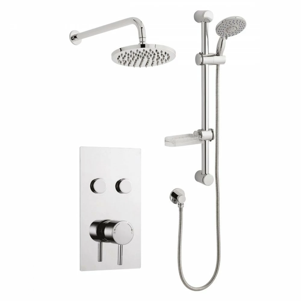 Kartell Plan Chrome Twin Round Push Button Concealed Thermostatic Shower Valve With Adjustable Slide Rail & Fixed Overhead Drencher