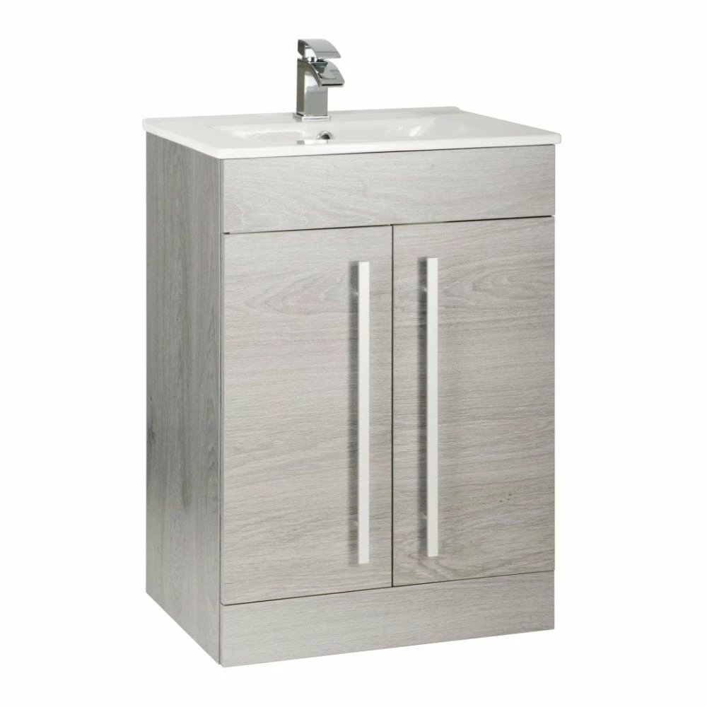 Kartell Purity 600mm Silver Oak 2 Door Floor Standing Unit & Ceramic Basin