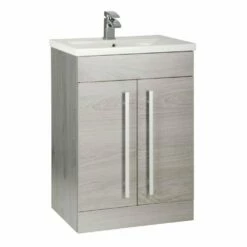 Kartell Purity 600mm Silver Oak 2 Door Floor Standing Unit & Mid Depth Ceramic Basin