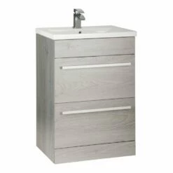 Kartell Purity 600mm Silver Oak 2 Drawer Floor Standing Unit & Mid Depth Ceramic Basin