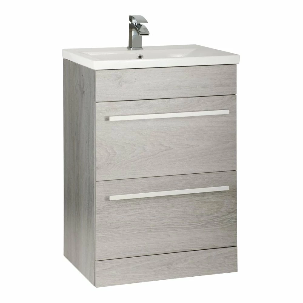 Kartell Purity 600mm Silver Oak 2 Drawer Floor Standing Unit & Mid Depth Ceramic Basin