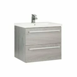 Kartell Purity 600mm Silver Oak 2 Drawer Wall Mounted Unit & Ceramic Basin
