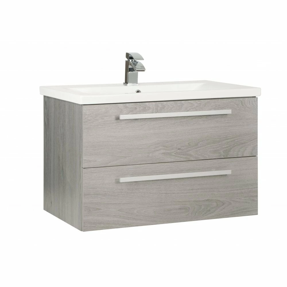 Kartell Purity 800mm Silver Oak 2 Drawer Wall Mounted Unit & Mid Depth Ceramic Basin